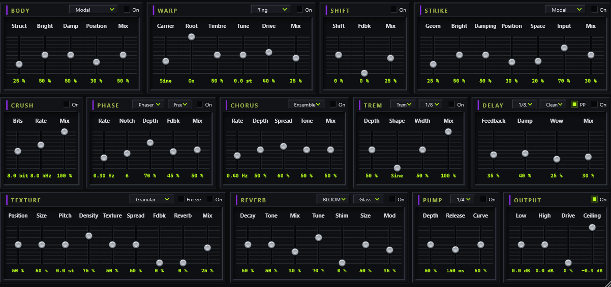 Thirteen effects in signal order: body, warp, shift, strike, crush, phase, chorus, trem, delay, texture, reverb, pump and output