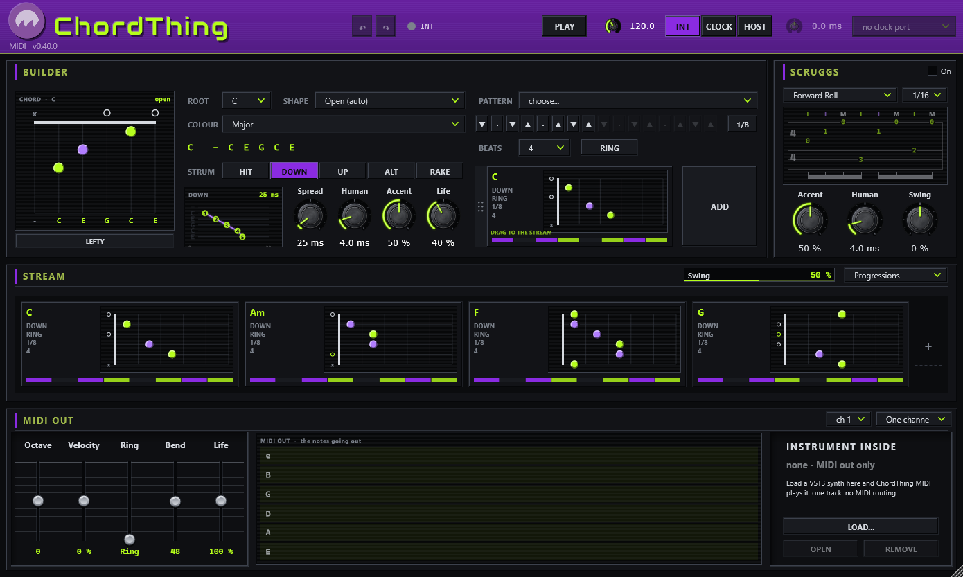 ChordThing MIDI: the builder, SCRUGGS and the stream, and the MIDI OUT device with the six-string monitor and INSTRUMENT INSIDE
