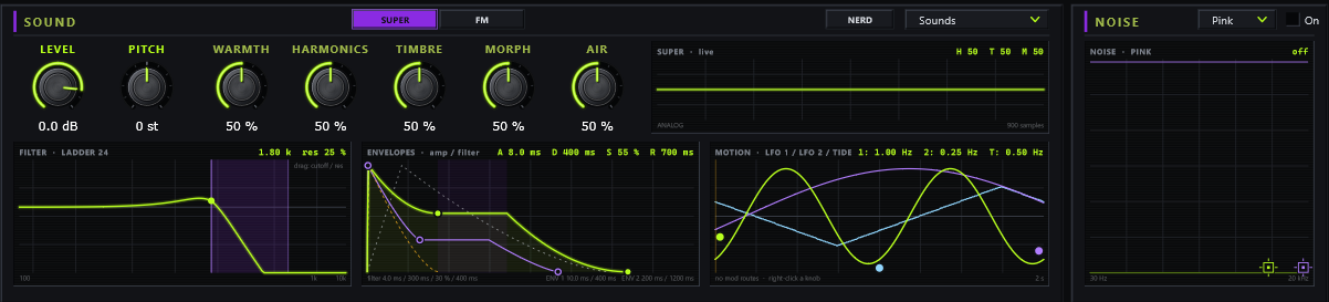 The sound card: two engines, the filter, envelope and motion screens, and the NOISE screen