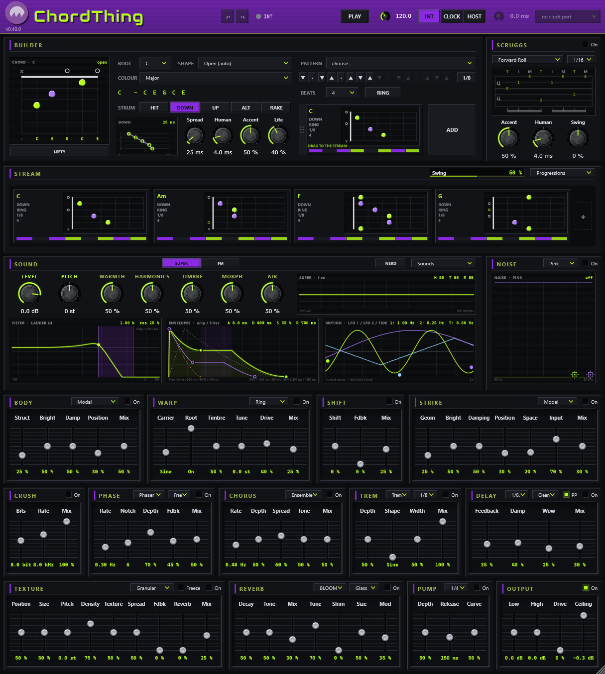 The ChordThing window: the header, the BUILDER with its chord diagram and the SCRUGGS device beside it, the STREAM of chord plates, the SOUND card with its screens and the NOISE screen, and three rows of effects.