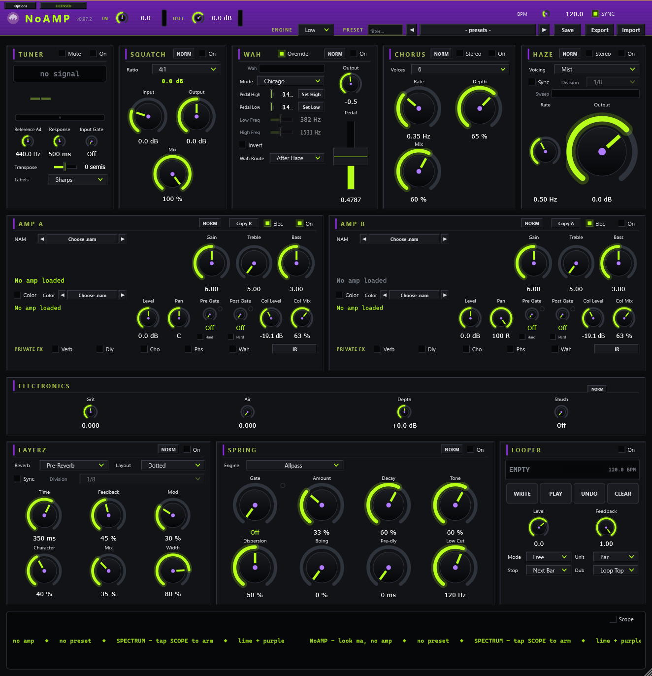 NoAMP, the full board in one window: tuner, compressor, wah, chorus, phaser, two NAM amp slots, electronics, delay, spring reverb and looper