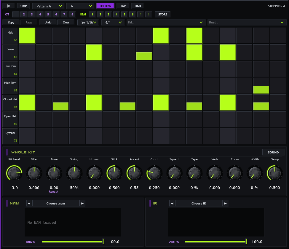 STIX: a seven-row step grid for kick, snare, two toms, hats and cymbal, kit and beat slots, and the WHOLE KIT knobs (Tape and Width among them) with a NAM card and an IR card