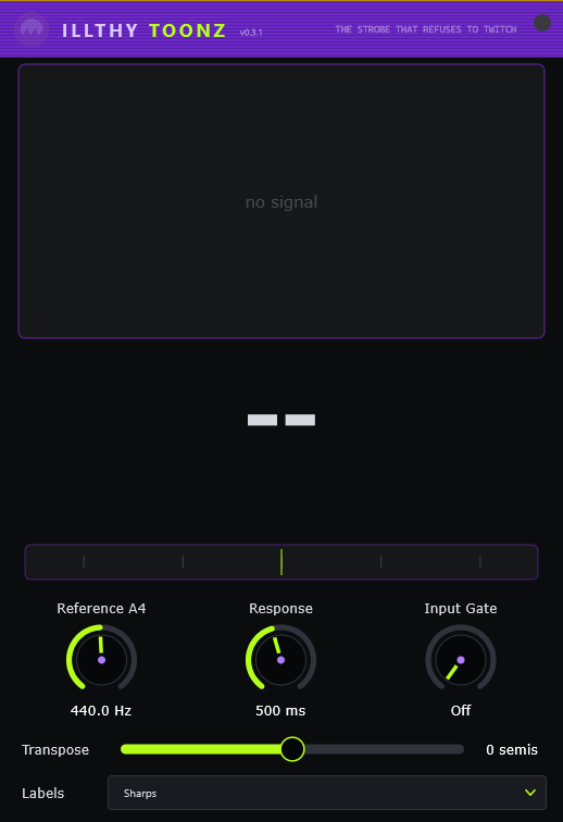 Illthy Toonz, the five-band strobe LCD, note readout, cents needle and control knobs
