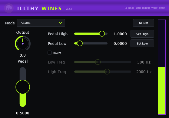 Illthy Wines, the vertical pedal UI with voicing, Set Low / Set High calibration and output controls